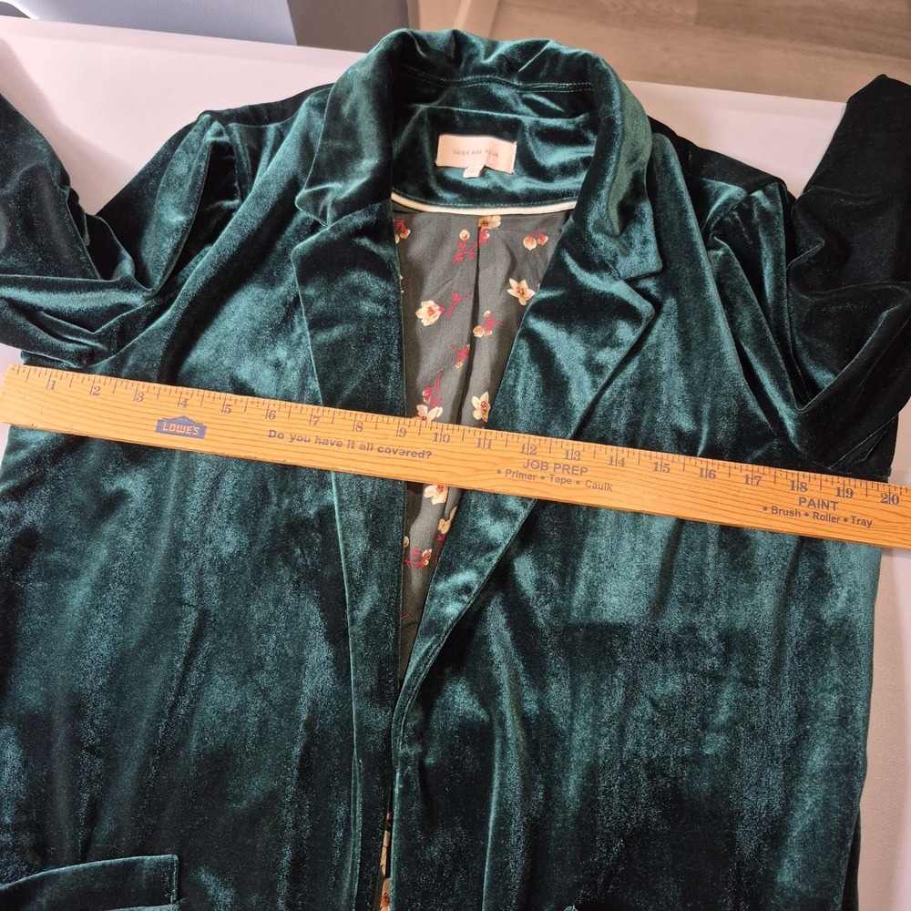 Skies Are Blue Velvet Duster Jacket Size Large Emerald Green Long Blazer Holiday - Picture 11 of 13